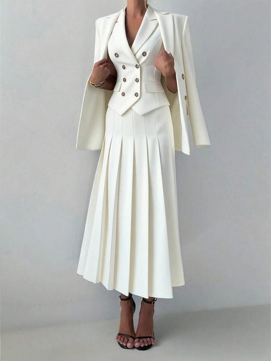 3 PiecesWomen's Elegant Business Casual Suit: Autumn/Winter Blazer, Spring/Summer Fitted Vest, And Mid-Length Pleated Skirt, Suitable For Office, Formal Occasions, And Commuting - White - View 1