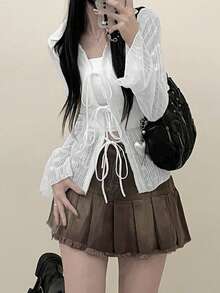 2025 春夏轻盈系带设计女式长袖上衣，百搭 - 白色 - 查看 2