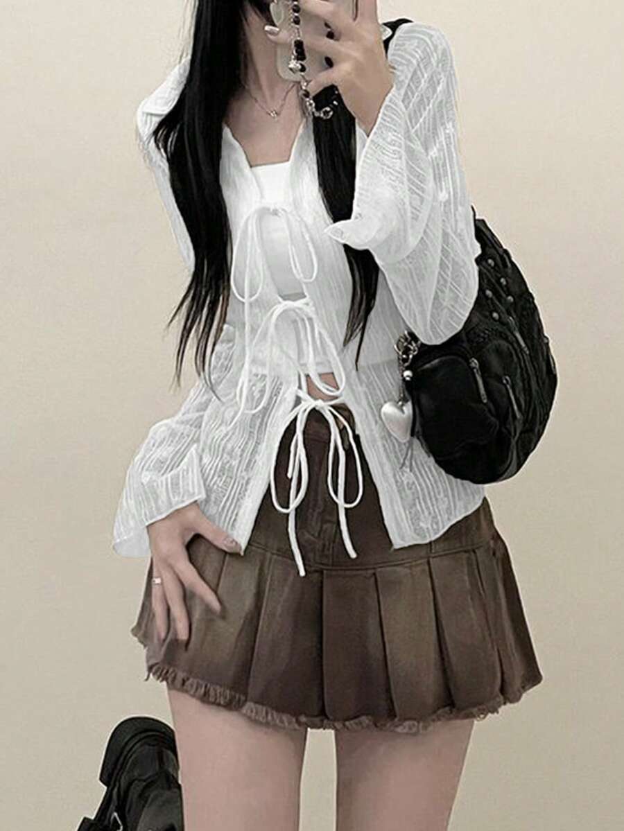 2025 春夏轻盈系带设计女式长袖上衣，百搭 - 白色 - 查看 1