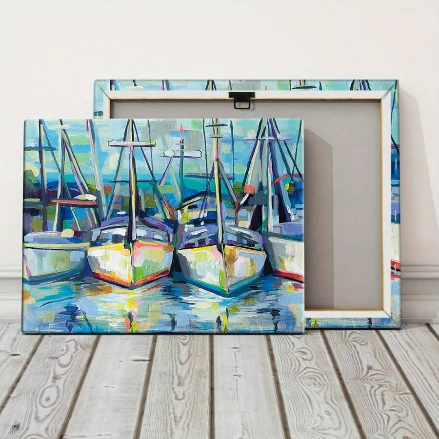 2D Flat 1pc Framed Canvas Wall Art - Vintage Ship & Boat Oil Painting Style, Waterproof Wooden Frame, 15.7x11.8 Inches - Perfect For Living Room, Bedroom, Office, Or Bar Decor, Nautical Decor - trắng - Xem 1