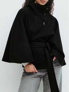 Women's Solid Color Front Button Tie Waist Woolen Cloak, Casual & Date Wear, Autumn/Winter Overcoat