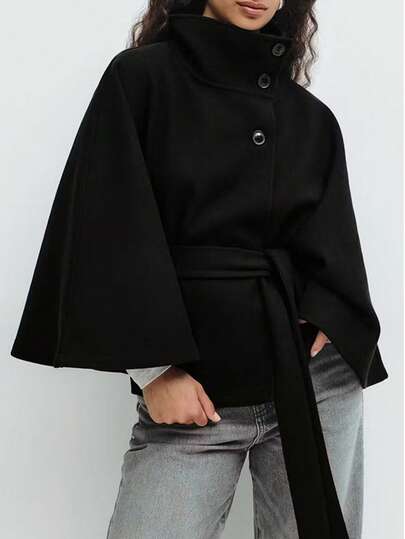 Women's Solid Color Front Button Tie Waist Woolen Cloak, Casual & Date Wear, Autumn/Winter Overcoat Black