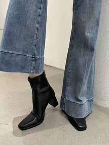 2025 Pointed Toe Ankle Boots For Women, Thick Heel Zipper Back, Black Patent Leather, High-End Boots, Autumn/Winter 2025 New Arrival, High Heels - Black - View 5