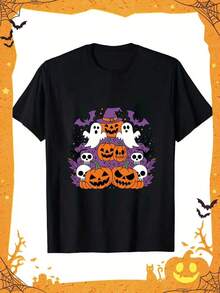 Men's Halloween Graphic T-Shirt – Fun Lion Enthusiast Design With Pumpkins, Ghosts & Bats, 100% Cotton Crew Neck Tee, Short Sleeve, Lightweight & Breathable For Casual Wear, Parties & Daily Use,Nightmare Before Christmas,Christmas,Halloween Costumes,Funny T Shirts,Summer Outfits,Thanksgiving Day,Men Graphic Tees,Streetwear Men - Black - View 1