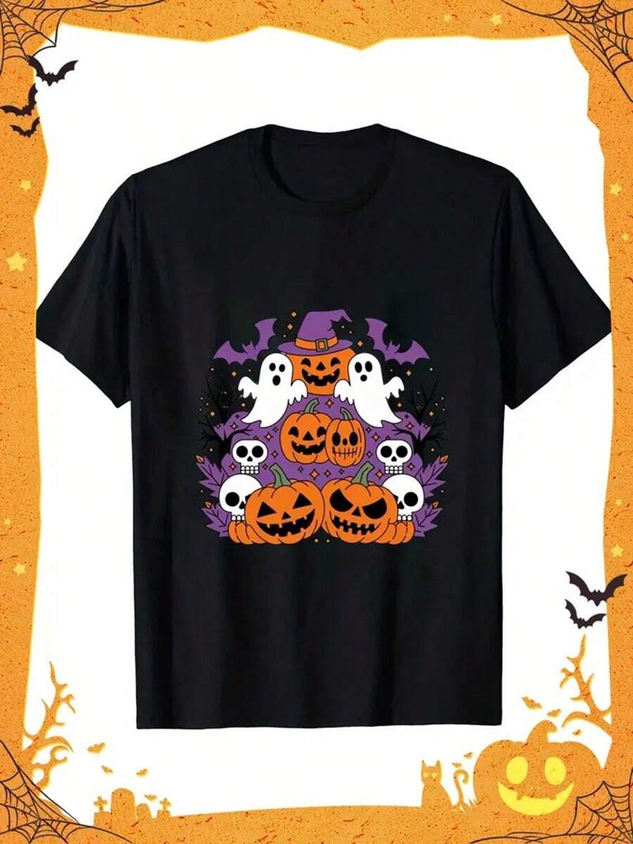 Men's Halloween Graphic T-Shirt – Fun Lion Enthusiast Design With Pumpkins, Ghosts & Bats, 100% Cotton Crew Neck Tee, Short Sleeve, Lightweight & Breathable For Casual Wear, Parties & Daily Use,Nightmare Before Christmas,Christmas,Halloween Costumes,Funny T Shirts,Summer Outfits,Thanksgiving Day,Men Graphic Tees,Streetwear Men - Black - View 1