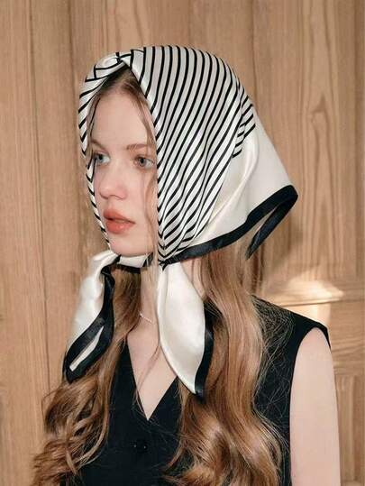 New Spring/Autumn Multifunctional Square Scarf For Women, Can Be Used As Belt, Bag Accessory, Headscarf And Fashion Scarf, Casual Striped Pattern, 90 Square Inches, Suitable For Dress Matching
