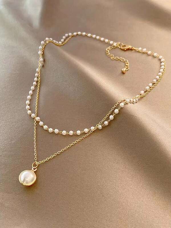 1 pieza Nuevo collar de perlas para mujer Collar con colgante de cuentas doradas estilo K-pop Collar de cadena doble en capas Gargantilla Moda diaria para mujer Joyería de fiesta como regalo