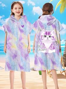 1 Piece Microfiber Hooded Towel Robe For Kids, Zip Up Swim Beach Cover Up For Girls Boys, Cute Mermaid, Cat, Manta Ray Patterns, Surf Poncho Changing Bath Towel