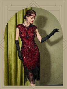 YESSA 1920s Flapper Dresses For Women Great Gatsby Dress Roaring 20s Costumes Sequin Harlem Nights Dress With 20s Accessories - Red - View 3