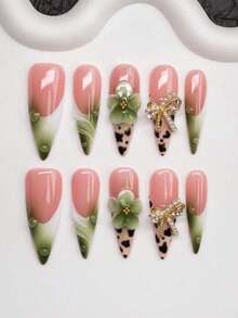 Handmade Almond-Shaped Press-On Nails With Y2K Baddie Style, Featuring Nude, Green, And White Nail Plates With Cream Tip, Tie Dye, Floral Embellishments, Water Drops, And Bow Designs. Designed For Women And Girls, 10Pcs/Set With 3 Size Options, Suitable For Parties, Ceremonies, And Daily Wear. Includes Manicure Tools, Ideal Gift For Ladies And Girls. Nail Supplies Nails(Random Delivery) - 隨機 - 查看 1