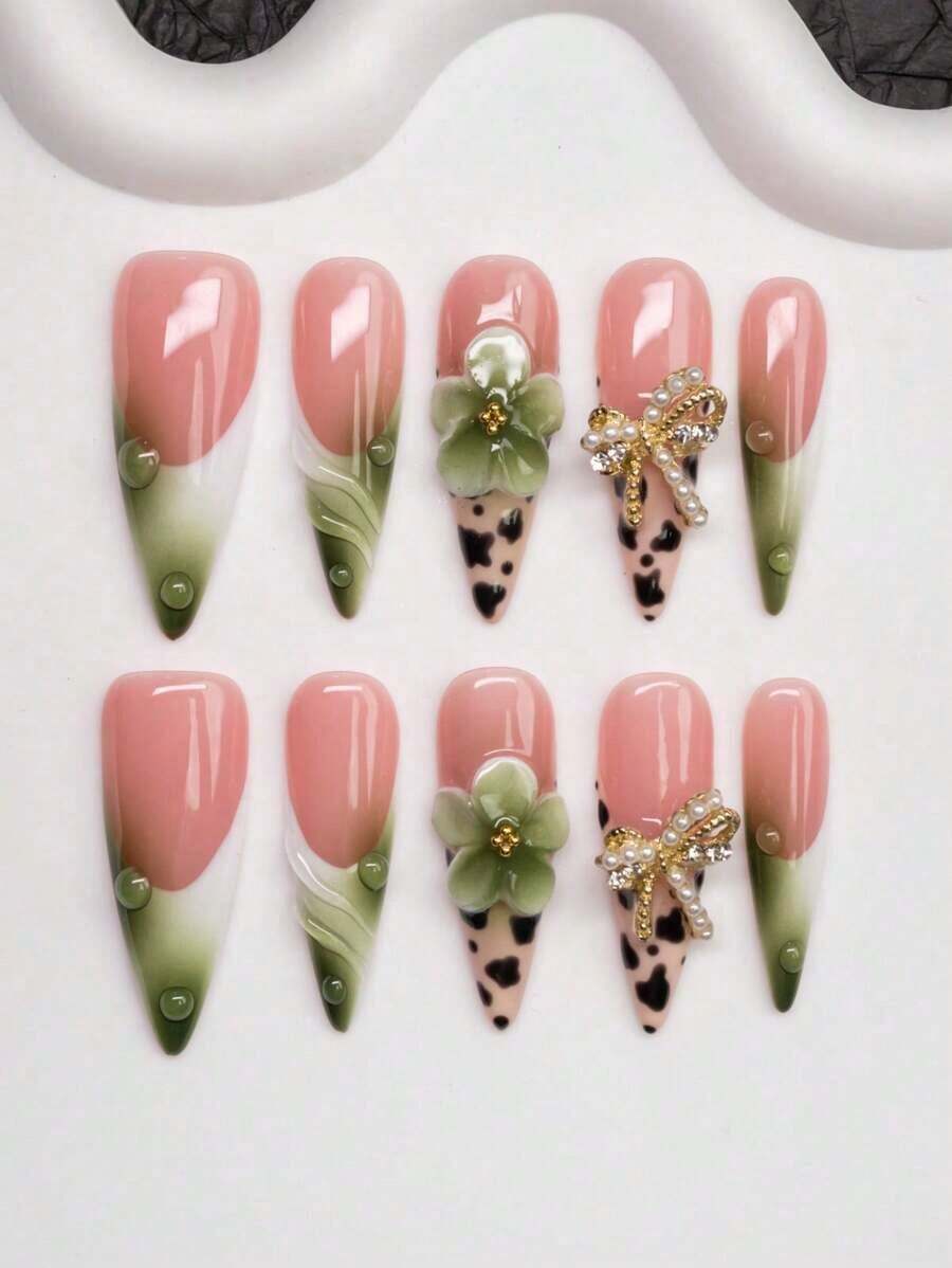 Handmade Almond-Shaped Press-On Nails With Y2K Baddie Style, Featuring Nude, Green, And White Nail Plates With Cream Tip, Tie Dye, Floral Embellishments, Water Drops, And Bow Designs. Designed For Women And Girls, 10Pcs/Set With 3 Size Options, Suitable For Parties, Ceremonies, And Daily Wear. Includes Manicure Tools, Ideal Gift For Ladies And Girls. Nail Supplies Nails(Random Delivery) - 隨機 - 查看 1