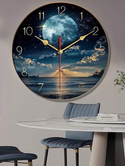 Pc 10 Inch/12 Inch Moderne Wood Wand Klok Moonlit Night Sky 2D Flat, Classic Golden Numbers, Mounted, Multipurpose Home Or Office, Nighttime scape Durable Clock, Room view 2