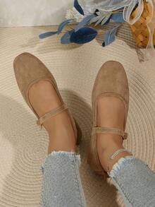 Zapatos planos cómodos de suela suave y diseño de hebilla retro para mujer, bailarinas, zapatos tipo Mary Jane - Caqui - Ver 5