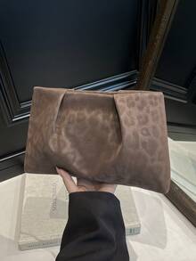 Model Clutch Warna Polos Terbaru untuk Musim Gugur/Dingin, Tas Awan Berlipit, Motif Leopard, Tas Amplop Kasual, Tas Kosmetik, Tas Aksesori Perjalanan, Tas Pelapis, Tas Perlengkapan Mandi, Kantong Penyimpanan - Kopi - View 7
