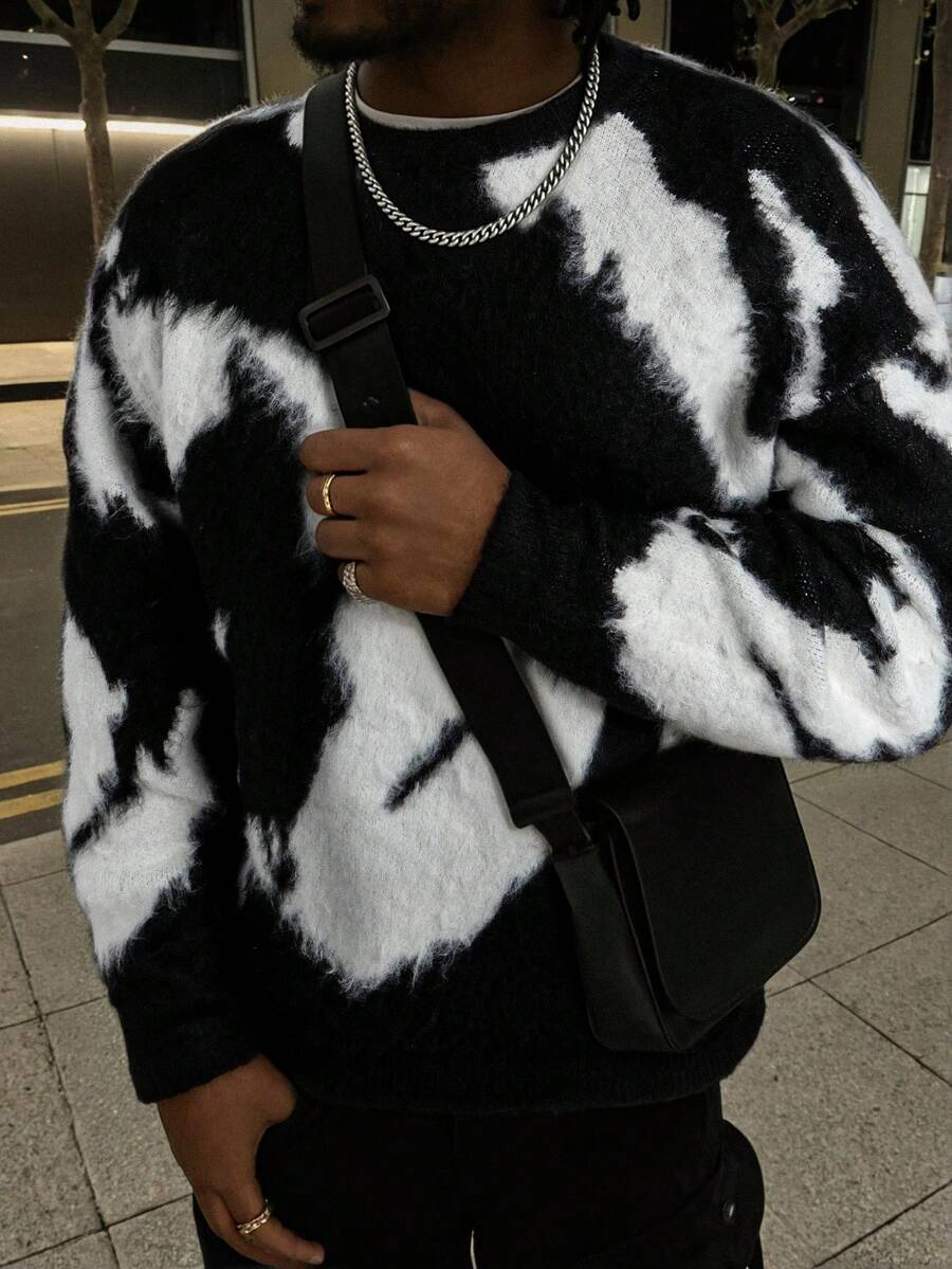 男士休闲宽松复古条纹套头毛衣，简约黑白配色，街头风，秋冬款，长袖上衣 - 黑色 - 查看 1