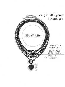 4件套哥特风金属心形吊坠多层项链，适合女性日常及派对佩戴，可作礼物、女士配饰、情人节礼物、秋冬饰品、送给女友的礼物、送给妈妈的礼物（尺寸已标明）