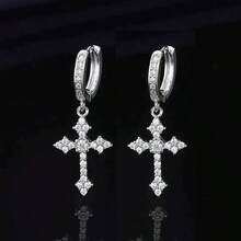 1 Pair Double Cross Cubic Zirconia Earrings, Rhombus Cubic Zirconia Cross Dangle Earrings, Micro-Inlaid Synthetic Zirconia Hiphop Personalized Men's Stud Earrings