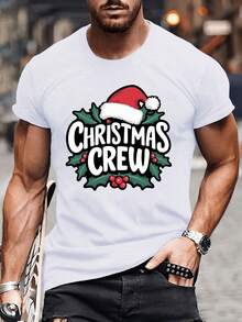 Casual Short-Sleeve T-Shirt For Plus-Size Men Featuring A Festive Santa Christmas Crew Graphic, Perfect For Summer Wear And Daily Activities For Big And Tall Individuals, Plus Size