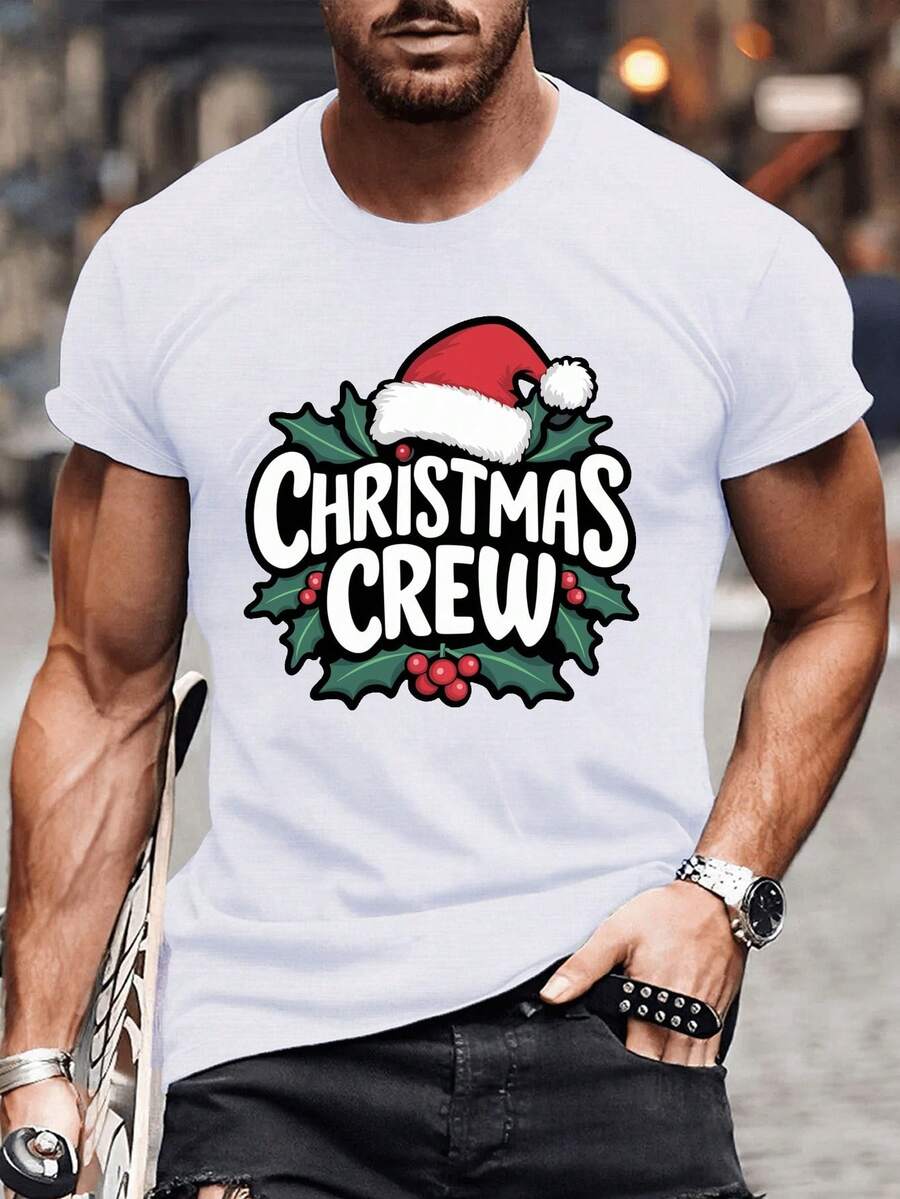 Casual Short-Sleeve T-Shirt For Plus-Size Men Featuring A Festive Santa Christmas Crew Graphic, Perfect For Summer Wear And Daily Activities For Big And Tall Individuals, Plus Size