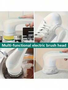 Multifunctional Electric Rotating Washer, Five Interchangeable Brush Heads, Rechargeable Electric Cleaning Brush Set - Multifunctional Handheld Brush, USB Charging, Medium Hardness, Suitable For Bathrooms, Kitchens, Bedrooms, Living Rooms, Toilets - Household Cleaning Tool Set With Handle - Xanh và trắng - Xem 3