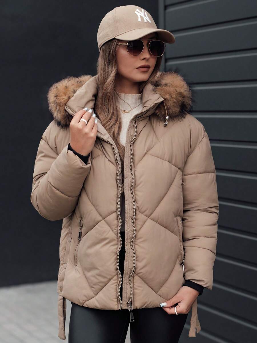 Women's Winter Jacket With Hood And Faux Fur Trim, Warm And Comfortable, Made Of Nylon With Polyester Lining, Equipped With A Sturdy Zipper, Equipped With Pockets And Elastic Cuffs, Perfect For Winter Walks And Everyday Look - Beige - View 1