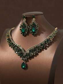 3pcs/Set Women's Army Green Necklace Earrings Jewelry Set, Elegant Wedding & Party Accessories - Bạc - Xem 3