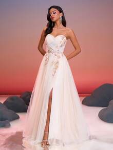 Anymoon 女士褶皱高腰长款晚礼服，饰有 3D 立体花卉亮片蕾丝细节，适合正式场合和婚礼。 - 香檳色 - 查看 7