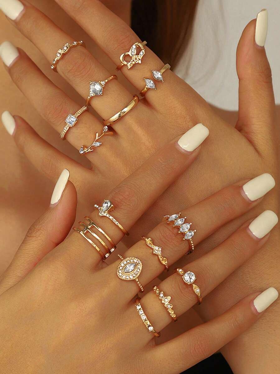 Bộ 15 chiếc nhẫn hình học cổ điển đính đá pha lê vàng sang trọng, thích hợp cho phụ nữ đeo hàng ngày, làm quà tặng cho bạn bè - Vàng - Xem 1