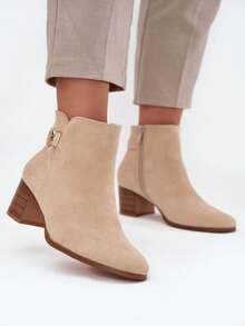 Damen Isolierte Knöchelstiefel mit Blockabsatz, goldene Details, synthetischer Wildleder, bequem und warm für den Winter, Renora Beige Schwarz - Beige - Übersicht 2