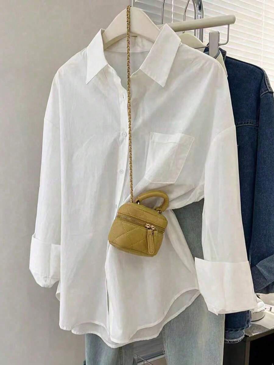Camisa informal de manga larga para mujer con cuello alto en color liso y un bolsillo frontal, perfecta para el trabajo o el día a día - Blanco - Ver 1