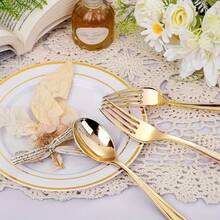 10/25/50/100/150 pièces Set de couverts en plastique doré, comprenant des fourchettes à gâteau/salade, des cuillères, des couteaux, des ustensiles réutilisables et lavables, convenant pour la maison, le restaurant, le mariage, l'extérieur, l'anniversaire, la fête, les rassemblements festifs