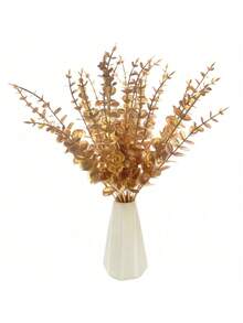 40 pièces Feuilles en plastique doré artificielles en glitter d'eucalyptus, plantes fausses en plastique doré pour décoration intérieure et extérieure, fête, mariage, table, DIY