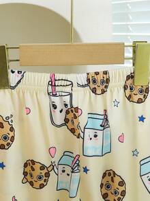 2 件女童睡衣套装，可爱饼干和牛奶印花，圆领长袖 T 恤上衣和长款休闲裤，秋季 - 杏色 - 查看 6