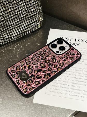 Cheetah,Leopard Print 1pc Luxury Pink Rhinestone Leopard Print Soft Silicone Protective Phone Case, Comfortable Grip For IPhone 17 Pro Max