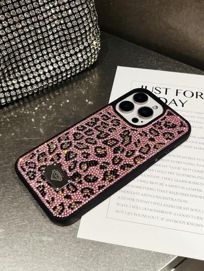 Cheetah,Leopard Print 1pc Luxury Pink Rhinestone Leopard Print Soft Silicone Protective Phone Case, Comfortable Grip Compatible With Iphone 17 Pro Max