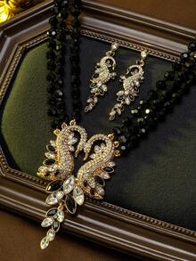 Vintage Luxurious Elegant Niche Jewelry Multilayer Necklace With Dual Swan Design, Made Of Retro Gold Plating, Copper Alloy, And Gemstone Accents, Suitable For Daily, Party, Banquet, And Special Occasions - Multicolor - View 2