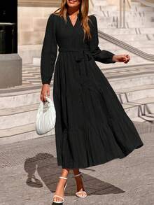 Womens Fall Maxi Dresses Casual Long Sleeve V Neck Button Down Flowy A Line Tiered Shirt Dress With Pockets - Black - View 7