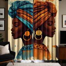 2pcs 100% Polyester Washable Curtain With African Woman Print In Blue & Orange Color, Suitable For Living Room & Bedroom - Multicolor - View 13