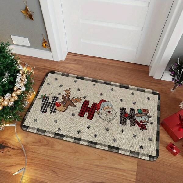 1 pezzo Zerbino natalizio con motivi di Babbo Natale, renne e pupazzo di neve - a quadri bicolore - in lino morbido con fondo in gomma lavabile - decorazione natalizia e invernale, adatto per bagno, toilette, camera da letto di adolescenti, soggiorno, cucina, ingresso, per tutto l'anno