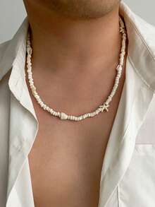 1pc Bohemian Style Starfish & Pearl Necklace, Retro Fashion Beaded Necklace For Men
