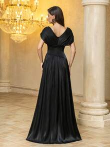 V领蝙蝠袖镂空水钻拼接喇叭下摆褶皱面料派对晚礼服婚礼春季 - 黑色 - 查看 3