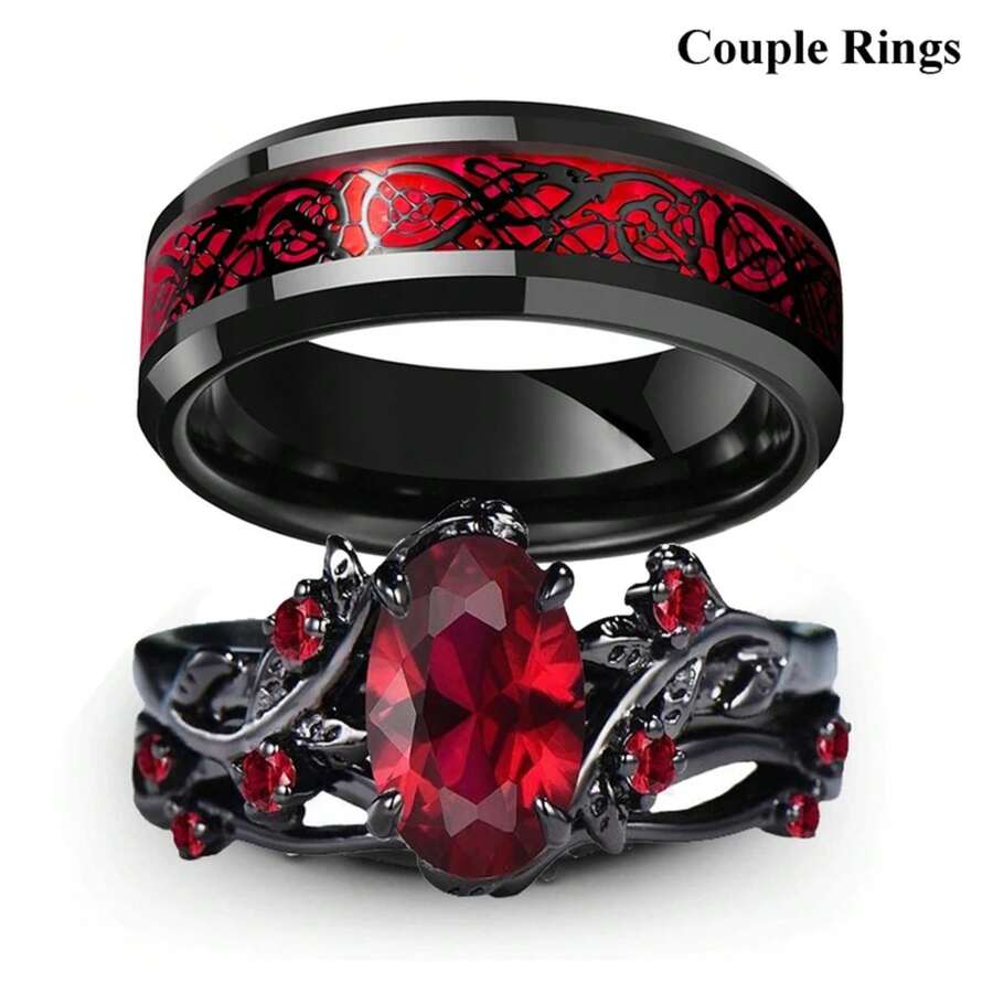 Wedding Jewelry Romantic Couple Rings For Lover's Cute Women Red Rhinestones Zirconia Rings Set  Men Stainless Steel Rings Wedding Band Jewelry - Women Rings - View 1
