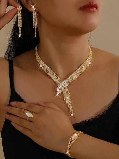 5pcs Elegant Geometric Zirconia Jewelry Set: Necklace, Earrings, Bracelet, Ring Valentine's Day Accessories