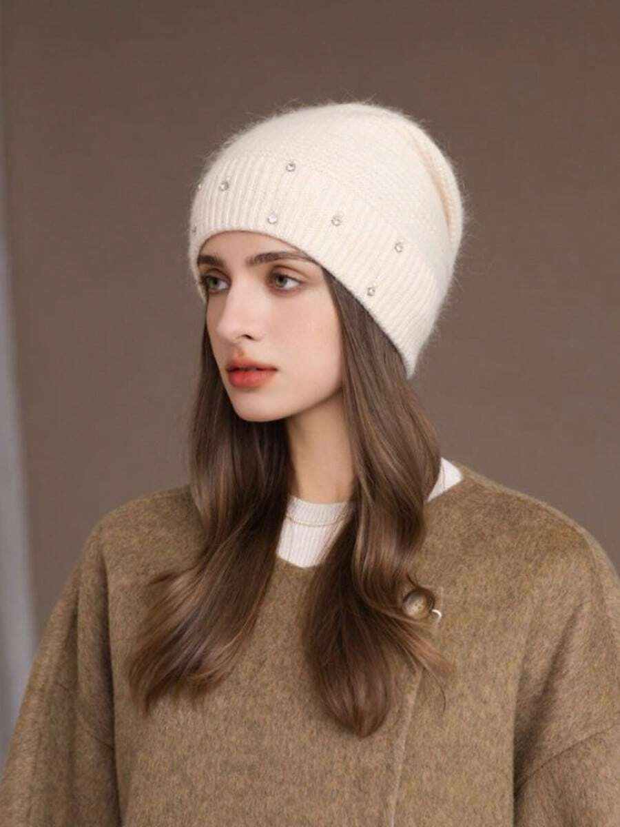 1 件女士保暖双层针织帽，时尚珍珠头带耳罩式毛线帽，冬季妈妈厚针织帽