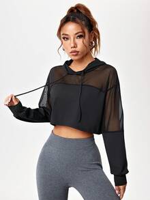 SHEIN Sports 网眼拼接运动卫衣 短款卫衣 秋季长袖卫衣 - 黑色 - 查看 4