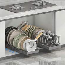 Stozle 1pc Or 2pcs Heavy-Duty 304Stainless Steel-Pull-Out Pot Lid Organizer Rack - Under Cabinet Storage With 8 Adjustable Compartments, Space-Saving Pull-Out Shelf, Compatible With Pots, Pans, Lids - Ideal For Kitchen, Restaurant, Or Home Use - Easy Installation Under Cabinet Organizer, Kitchen Organization, Compact Design, Sturdy Construction, Restaurant Owners - 2Pack灰色 - 查看 2