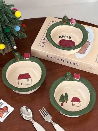 1 件手工制作的不对称圆形陶瓷碗，治愈风格小屋水果可爱设计，3D 浮雕装饰，水果碗，零食碗，沙拉碗，酸奶碗，适合圣诞节家庭聚会，野餐，家庭聚会晚餐，礼物