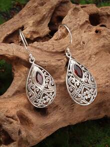 1 par de nuevos pendientes vintage con circonita roja tallada en forma de gota de agua y pera, accesorio de regalo de joyería