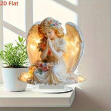 2D 亚克力花卉图案天使装饰 - 心形底座上的沉睡天使，波西米亚风格光泽挂饰，适合家庭、办公室、咖啡厅，无需电源，理想的礼物，桌面装饰，发光光环效果，透明材质 - 彩色 - 查看 3
