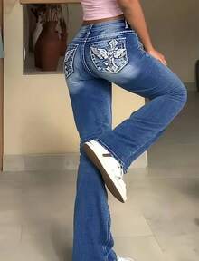 High-Waisted Fashion All-Matching Stretch Jeans, Comfortable Slim Embroidered Flared Jeans, Cocktail Party, Party, Christmas, Nightclub, Banquet, Film Festival, Cinema, Dance Party, Cocktail Party, Bar, Wedding, Graduation Ceremony, Back-To-School, Birthday Party, Rebellious Girl, Festival-Themed Party, Outwear, Street Fashion, Fashion Show, Date, Easter, Mother's Day, Going To Work At University, School, Village, Concert, Street Girl, Young Girl, Country Outfits For Women, Best Outwear For Women, Women's Vacation Clothing, Country Concert Outfit, Country Outfits For Women, Streetwear, Concert Outfit For Women, Boho Women's Clothing, Country Concert Outfit, Concert Outfits, Vaquera Outfit, Y2K Clothes, Women's Club Outfits, Y2K Women's Clothes, Women's Clothing, Country Concert Outfit For Women - 寶藍色 - 查看 1